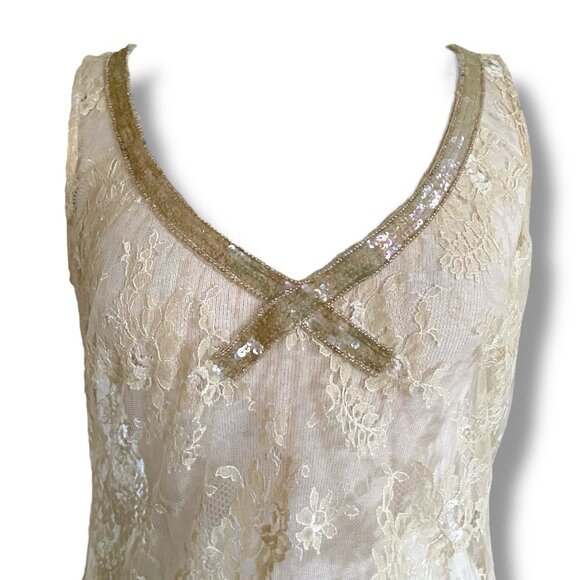 Y2k Vintage Collette Dinnigan Womens Top Sz Large Cream Sheer Lace Sequin Beaded - Picture 2 of 5